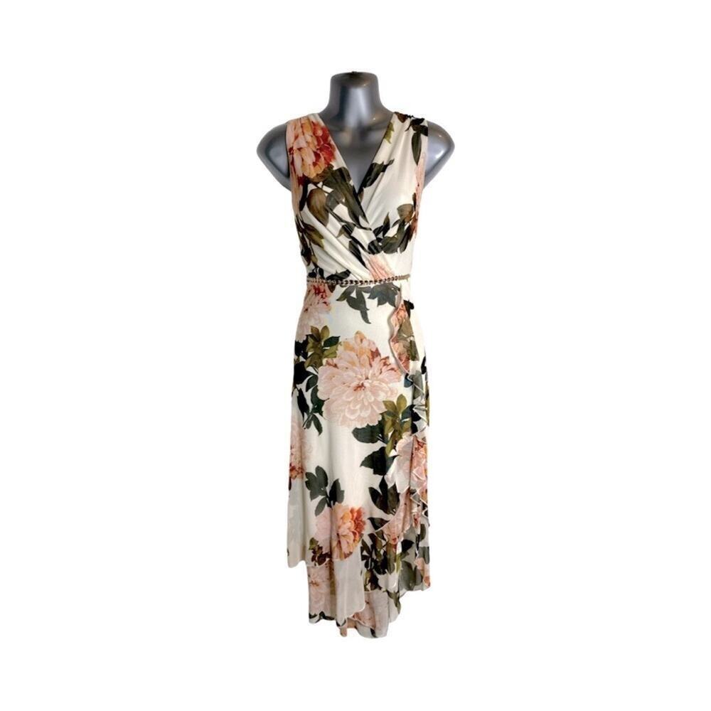 Sleeveless Floral Wrap Midi Dress - Cream with Pink Floral Print